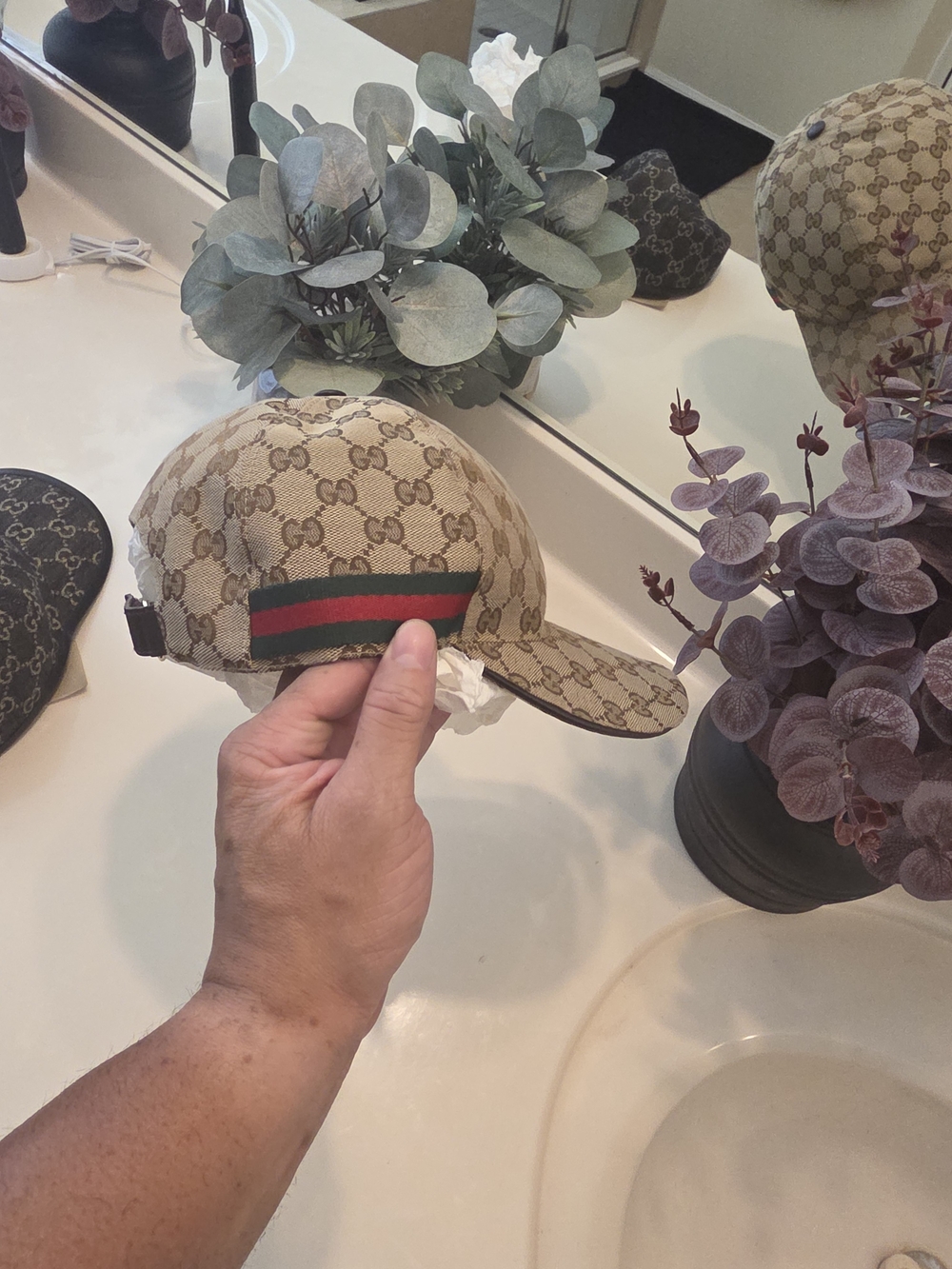 Gucci Beige Monogram Baseball Cap with Green-Red Web Stripe